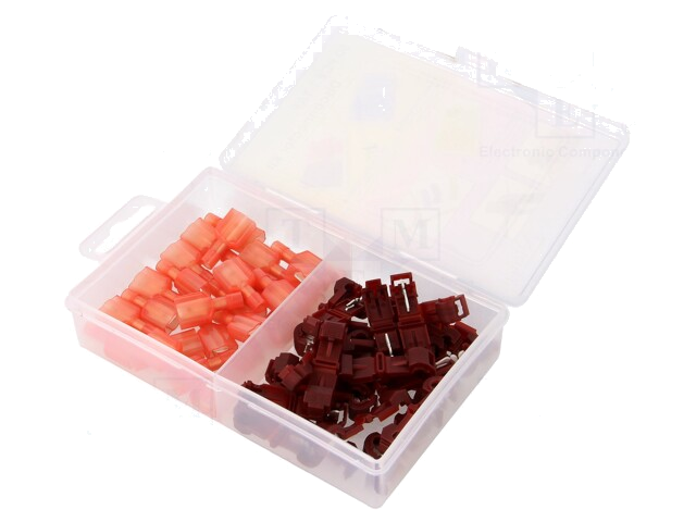 Set: connectoren; IDC,klemmen; voor draad; rood; 50st. Set: connectoren; IDC,klemmen; voor draad; rood; 50st.